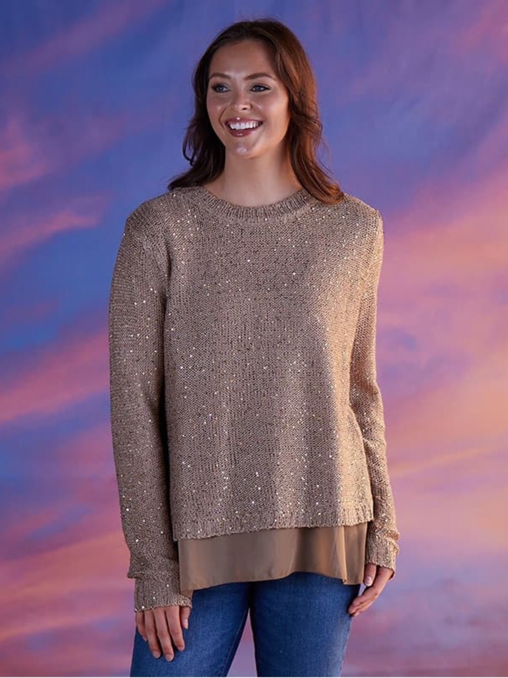 Simply Couture Taupe Sequin Knit Sweater With Bling Button on Back Curvy Plus XL